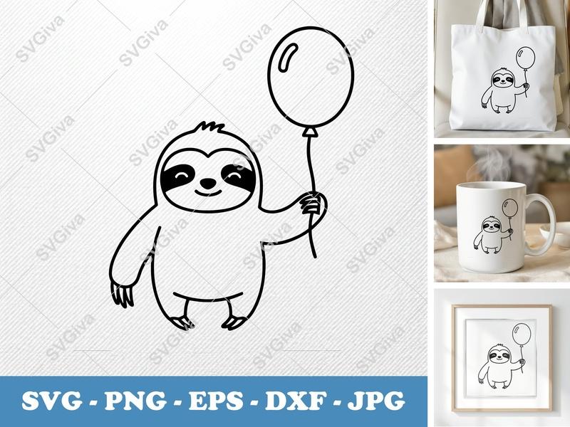 Sloth with Balloon SVG | Friendly Rounded Bean-Shaped Design | PNG DXF EPS | Cricut Silhouette File
