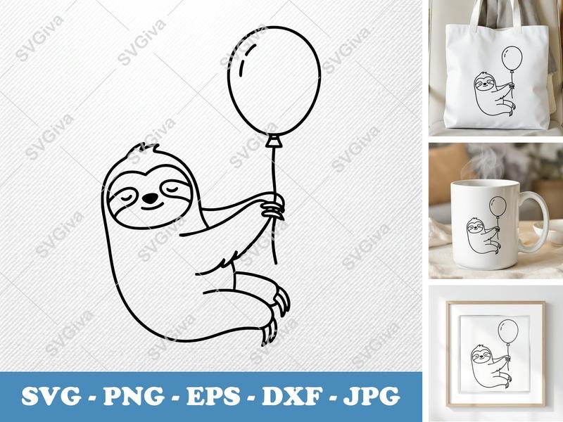 Sloth with Balloon SVG | Minimalist Contour Cut File | PNG DXF EPS | Cricut Silhouette Design | Animal Vector Art