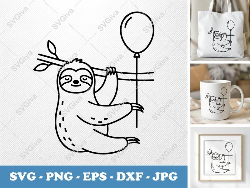 Sloth with Balloon SVG PNG DXF EPS | Cricut Silhouette Cut File Vector