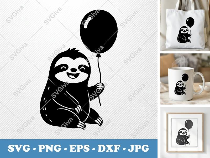 Sloth with balloon SVG PNG DXF EPS | Happy Sloth Cut File Cricut Silhouette | Cute Animal Vector Art