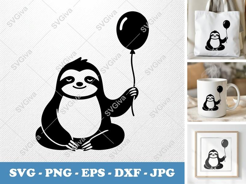 Sloth with Balloon SVG | Soft Puffy Pillow-Soft Sloth Cut File | PNG DXF EPS for Cricut Silhouette