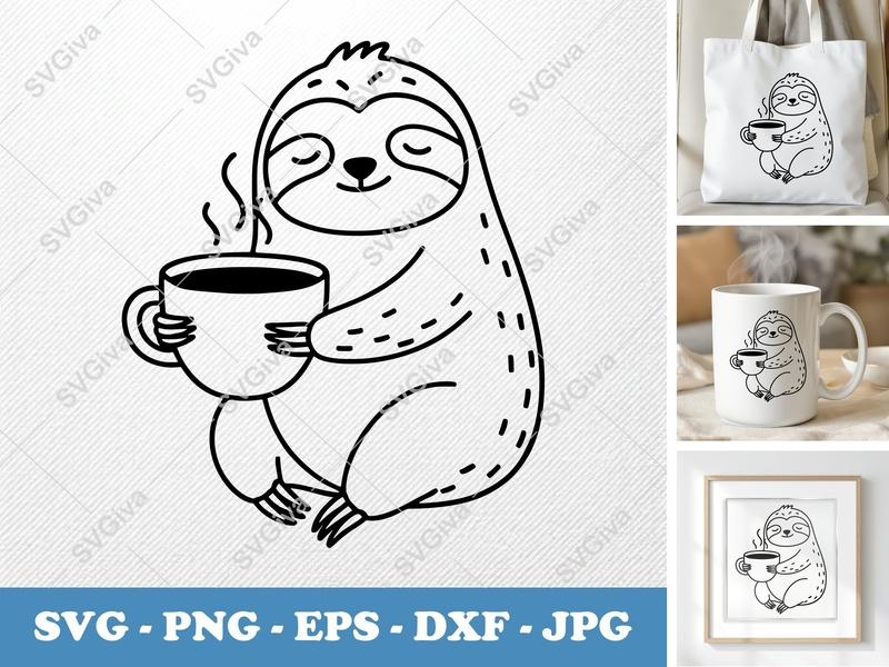 Sloth with Coffee Cup SVG | Minimalist Line Art | PNG DXF EPS | Cricut Silhouette File