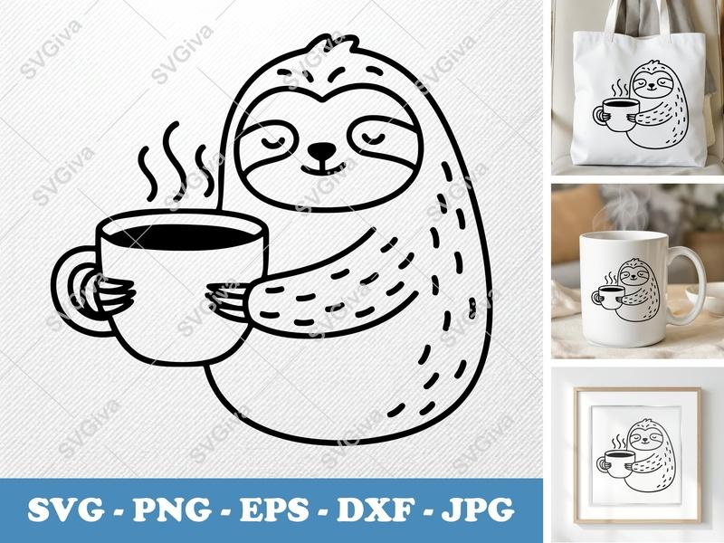 Sloth with Coffee Cup SVG PNG DXF EPS | Cricut Silhouette Cut File | Coffee Lover Sloth Vector Design