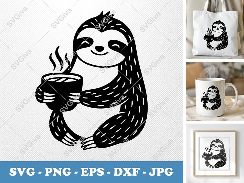 Sloth with Coffee Cup SVG | Puffy Soft Shapes PNG DXF EPS | Cricut Silhouette File