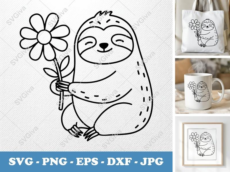 Sloth with Flower SVG | Minimalist Line Art | PNG DXF EPS | Cricut Silhouette File