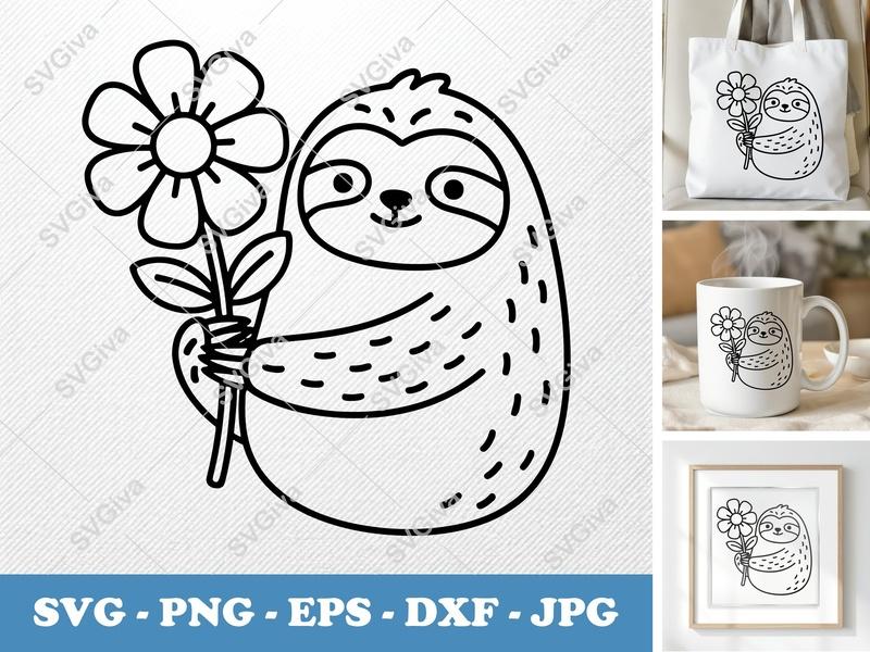 Sloth with Flower SVG PNG DXF EPS | Cricut Silhouette Cut File | Cute Animal Vector