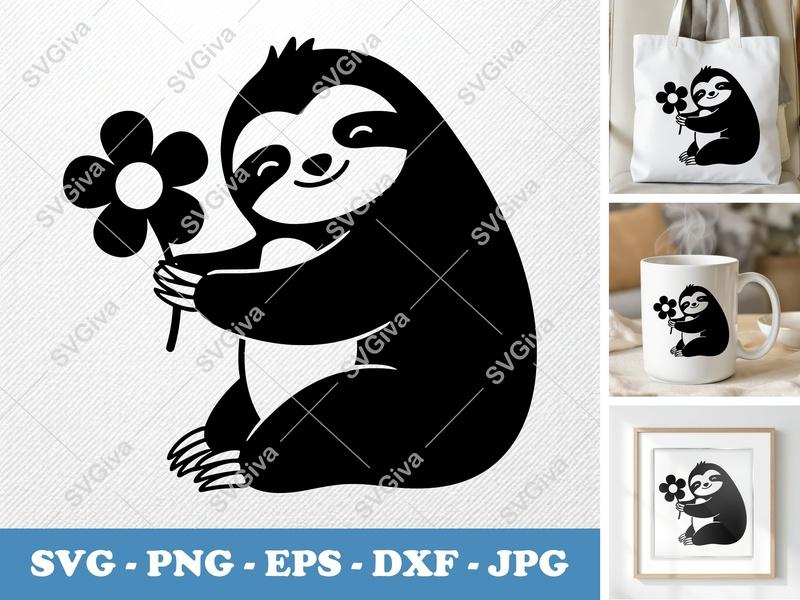Sloth with Flower SVG | Puffy Pillow-Soft Design | PNG DXF EPS | Cricut Silhouette Cut File