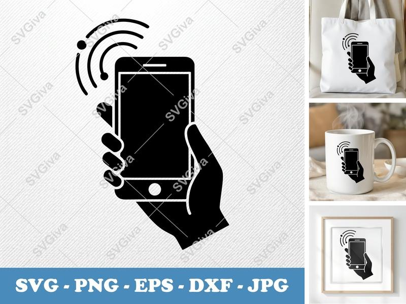 Smartphone SVG | Hand Holding Phone, Signal Waves | PNG EPS DXF Cut File for Cricut, Silhouette | Modern Communication Icon