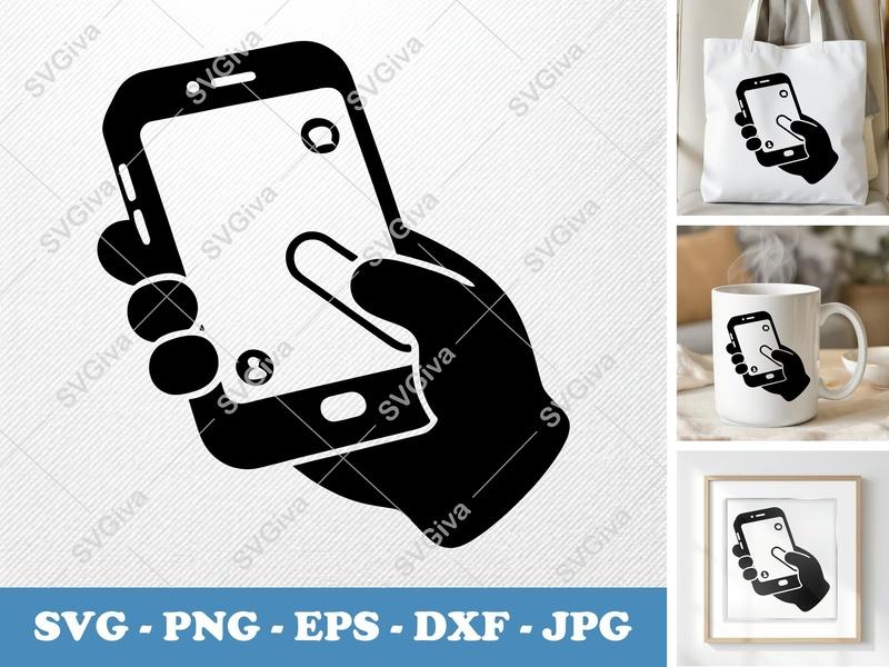 Smartphone SVG, Hand holding Phone with Message Chat, Digital Device PNG EPS DXF for Cricut, Silhouette, Modern Icon