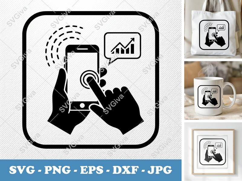 Smartphone SVG | Modern Business Data Icon, Hand Touching Screen, Wi-Fi | PNG EPS DXF for Cricut Silhouette