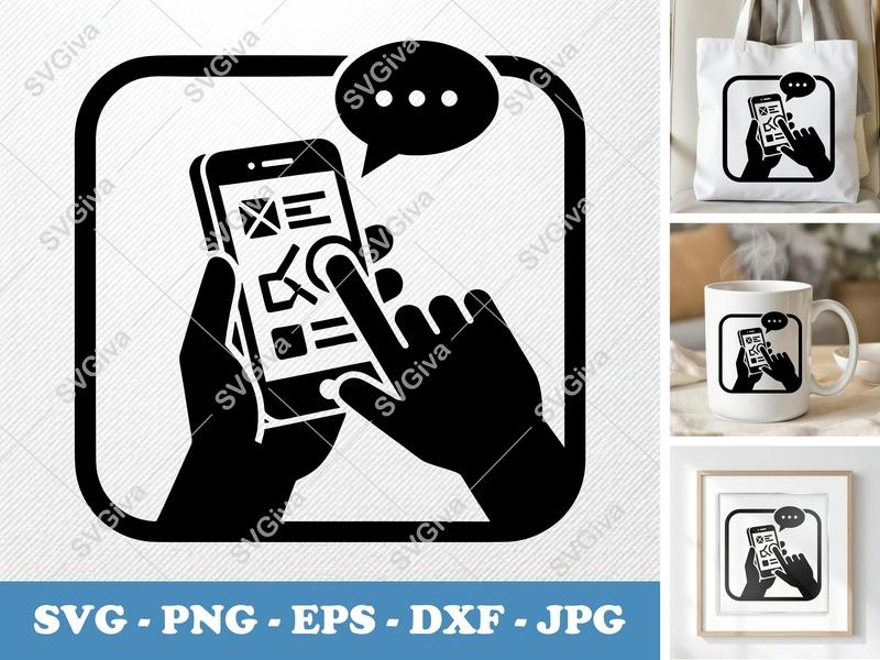 Smartphone SVG, Modern Messaging Icon, Hand Holding Phone PNG EPS DXF for Cricut, Silhouette, Digital Download, Communication