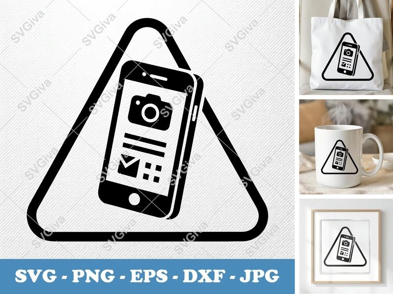 Smartphone SVG, Modern Phone Warning Icon, Black Triangle, Safety Sign PNG EPS DXF for Cricut, Silhouette