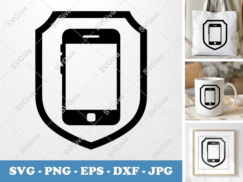 Smartphone SVG | Modern Shield Phone Icon | PNG, EPS, DXF for Cricut & Silhouette | Tech Security Cut File
