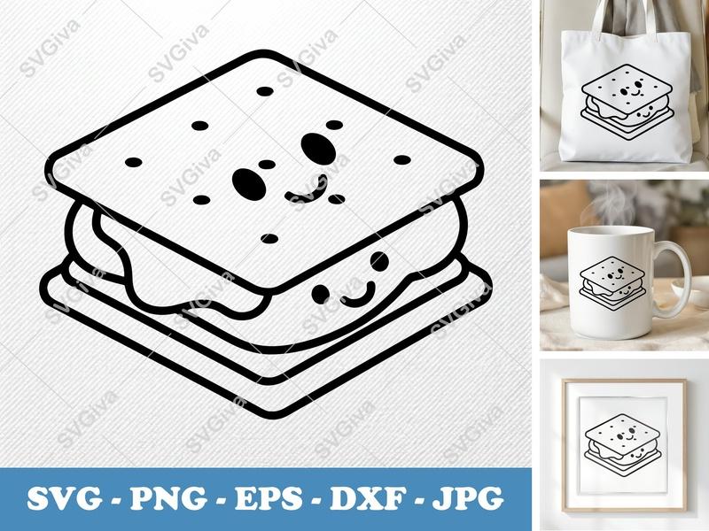 S'mores SVG, Cute Kawaii S'more Cut File, Happy Face Graphic, PNG EPS DXF for Cricut & Silhouette, Modern Snack Vector