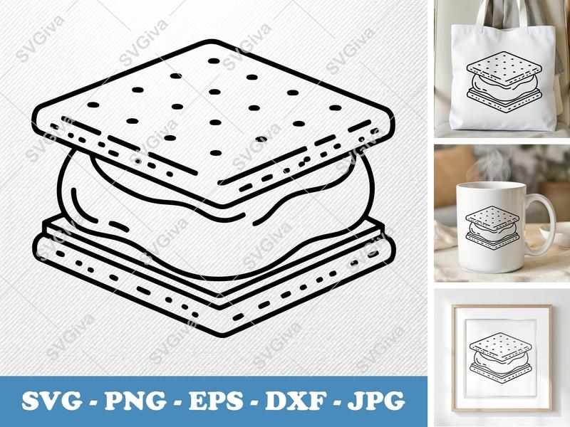 S'mores SVG, Modern Clean Line Art Cut File, Graham Cracker Marshmallow Chocolate PNG EPS DXF for Cricut & Silhouette