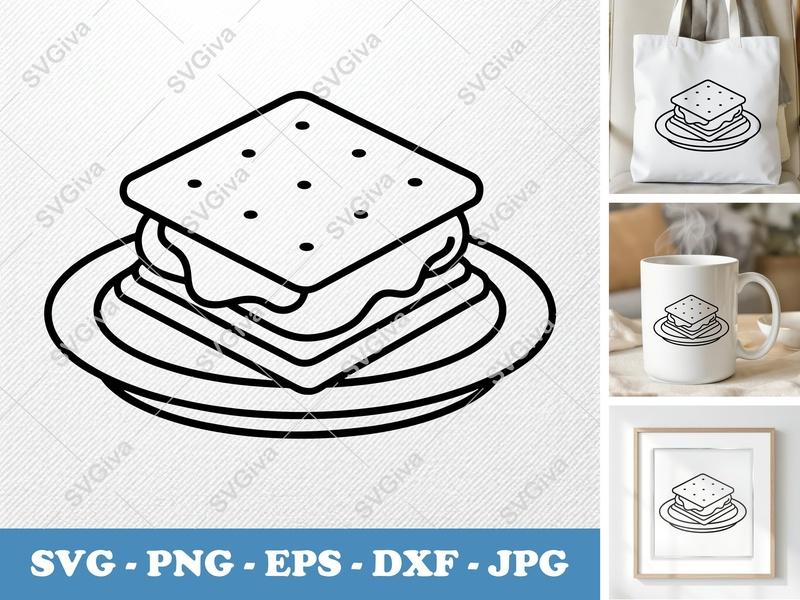 S'mores SVG, Modern Clean Line Art, Dessert Food PNG EPS DXF for Cricut & Silhouette, Camping Treat Cut File