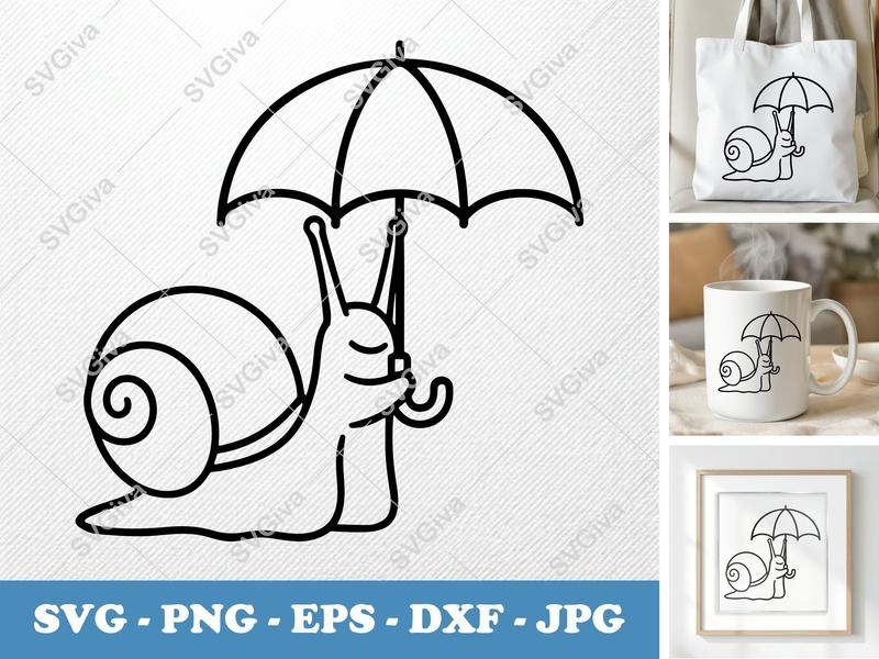 Snail Holding Umbrella SVG | PNG DXF EPS Cut File for Cricut Silhouette | Cute Nature Animal Vector