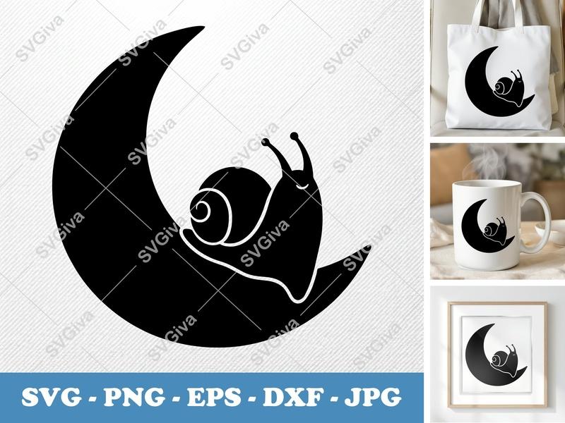 Snail on Crescent Moon SVG, Cute Moon Snail PNG EPS DXF | Cricut & Silhouette Cut File, Animal Vector Clipart