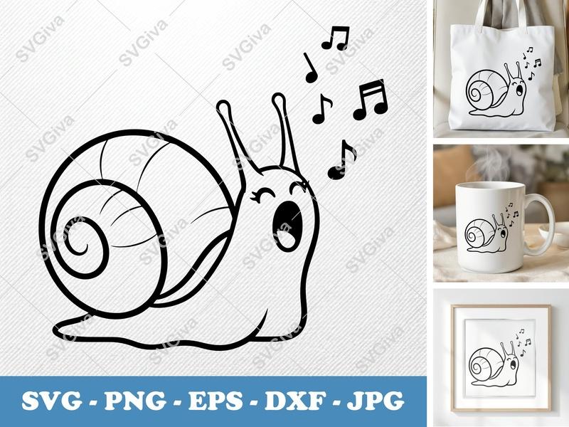 Snail Singing SVG, Cute Outline Music Notes PNG DXF EPS, Cricut Silhouette Cut File, Modern Animal Vector Art for Crafts
