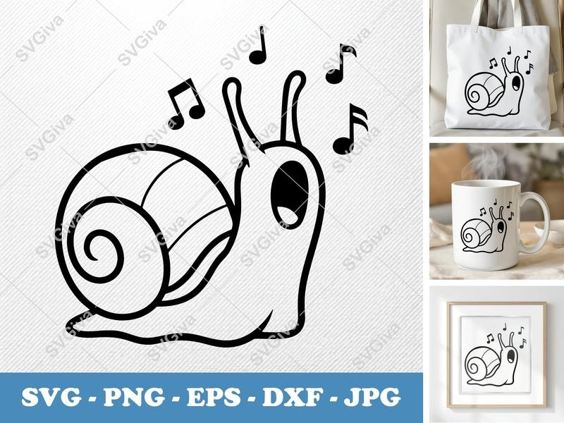 Snail Singing SVG, Musical Notes PNG, EPS, DXF Cut File for Cricut, Silhouette | Modern Snail Clipart, Animal Vector