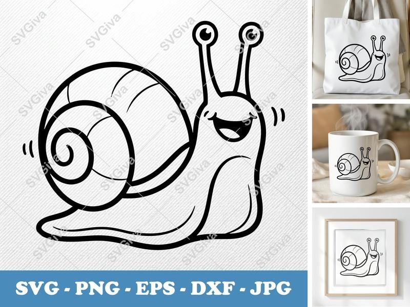 Snail Smiling Happily SVG | Double Outline, Thick Contour | PNG DXF EPS for Cricut Silhouette
