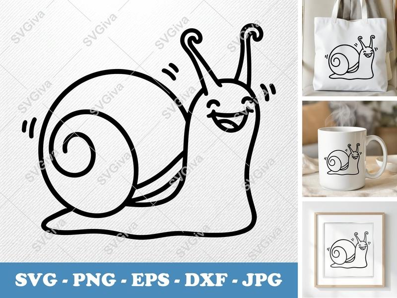 Snail Smiling Happily SVG | Friendly Bean-Shaped Snail Cut File | Rounded Body PNG DXF EPS for Cricut Silhouette