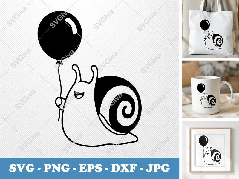 Snail SVG, Balloon Snail Cut File, Cute Snail Vector, PNG EPS DXF for Cricut & Silhouette, Modern Animal Clipart