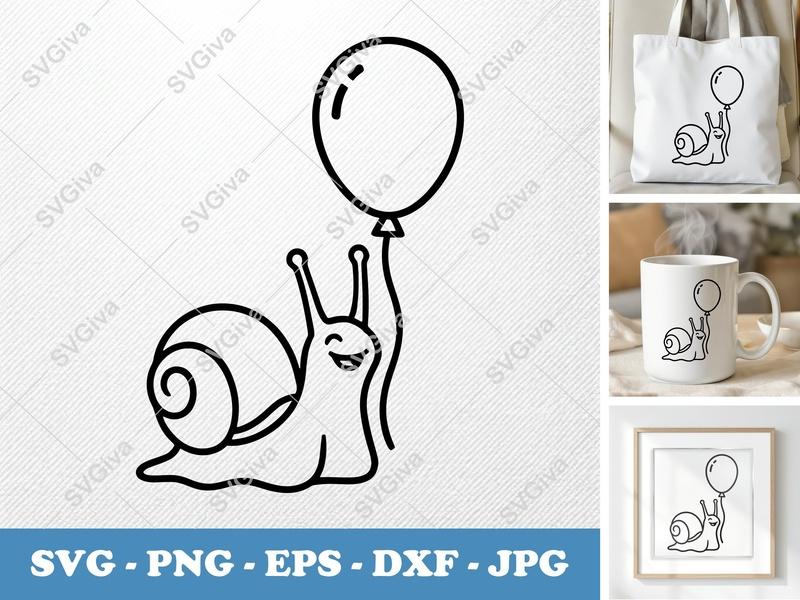 Snail SVG, Balloon Snail Cut File, Happy Snail PNG EPS DXF for Cricut & Silhouette, Modern Animal Vector Art