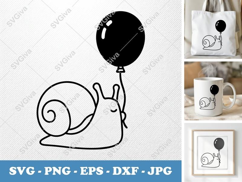 Snail SVG, Balloon Snail Line Art, Cute Animal Clipart, Modern Design | PNG EPS DXF for Cricut, Silhouette