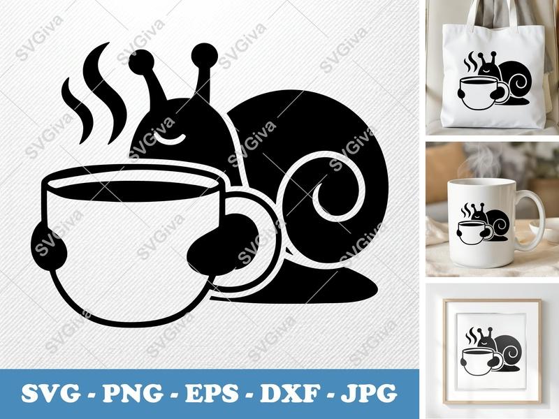 Snail SVG, Coffee Cup Modern Design | PNG EPS DXF | Cricut Silhouette Cut File, Cute Animal, Drink Lover