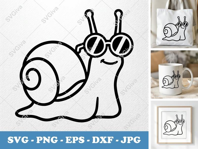 Snail SVG, Cool Snail with Sunglasses Cut File | PNG EPS DXF | Cricut Silhouette Vector Art