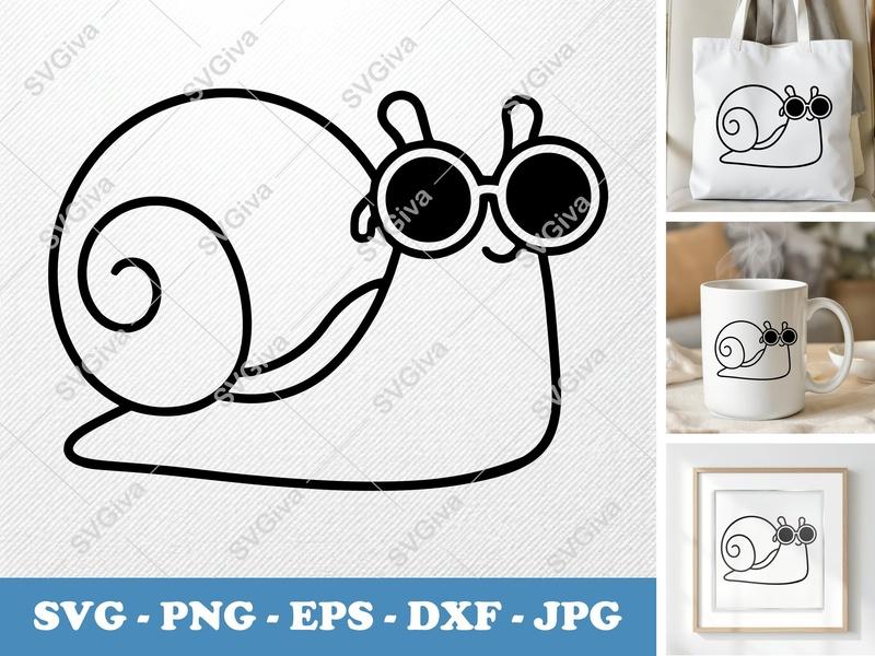 Snail SVG, Cool Snail with Sunglasses, Cute Animal PNG EPS DXF for Cricut & Silhouette, Modern Cartoon Vector Cut File