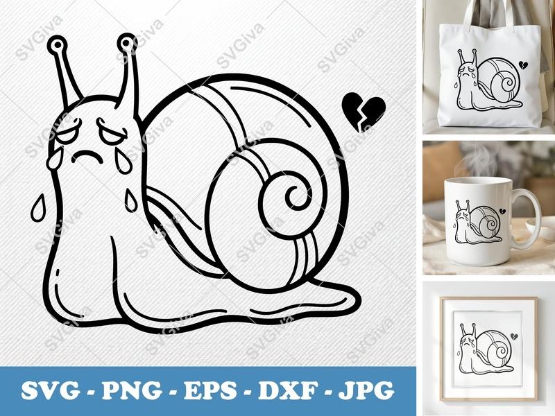 Snail SVG, Crying Snail, Broken Heart | PNG EPS DXF for Cricut, Silhouette | Sad Snail Clipart, Vector Cut File