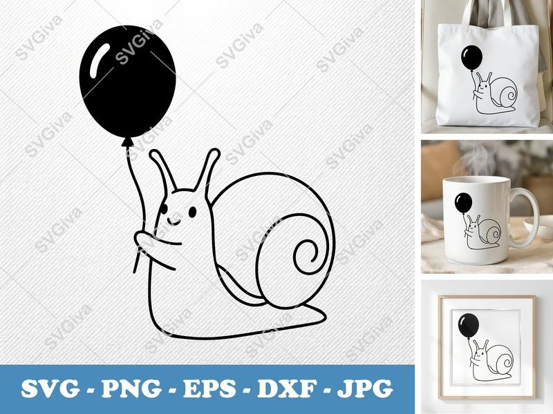 Snail SVG, Cute Balloon Snail Clipart, Modern Animal Outline, PNG EPS DXF for Cricut, Silhouette, Vector Cut File