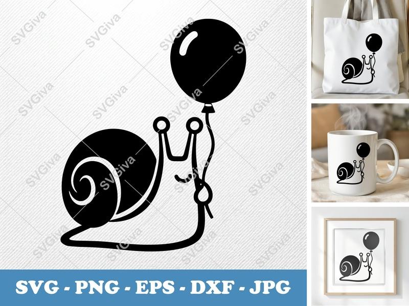 Snail SVG, Cute Balloon Snail PNG EPS DXF, Modern Animal Cut File for Cricut, Silhouette, Vector Clipart