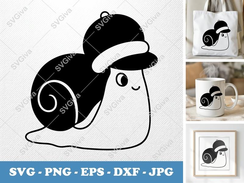 Snail SVG, Cute Baseball Cap Snail, Modern Design, PNG, EPS, DXF for Cricut & Silhouette, Kawaii Animal Cut File
