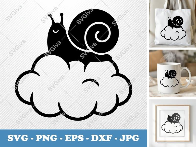 Snail SVG, Cute Snail on Cloud Cut File, Modern Animal Vector, PNG EPS DXF for Cricut, Silhouette, Kids Crafts, Decals