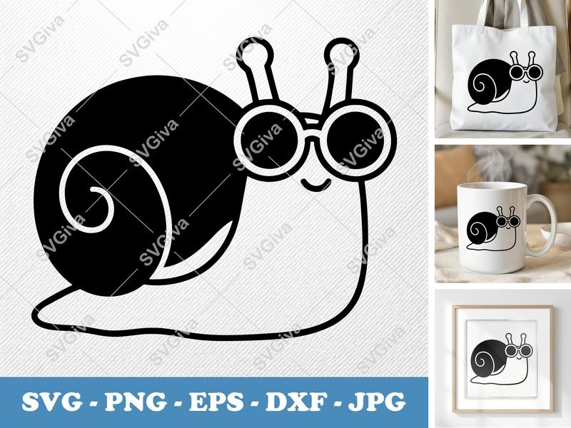 Snail SVG, Cute Snail with Glasses, Modern Cartoon Animal Cut File for Cricut, Silhouette | PNG EPS DXF Vector Clipart