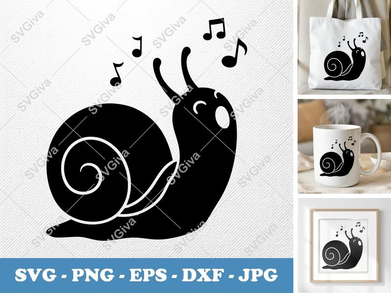 Snail SVG, Cute Snail with Music Notes, Simple Cartoon Snail, PNG, EPS, DXF for Cricut & Silhouette