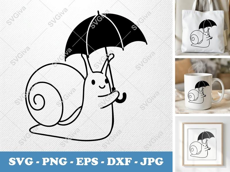 Snail SVG, Cute Umbrella Snail, Cartoon Snail Cut File, PNG, EPS, DXF for Cricut & Silhouette, Modern Vector Art