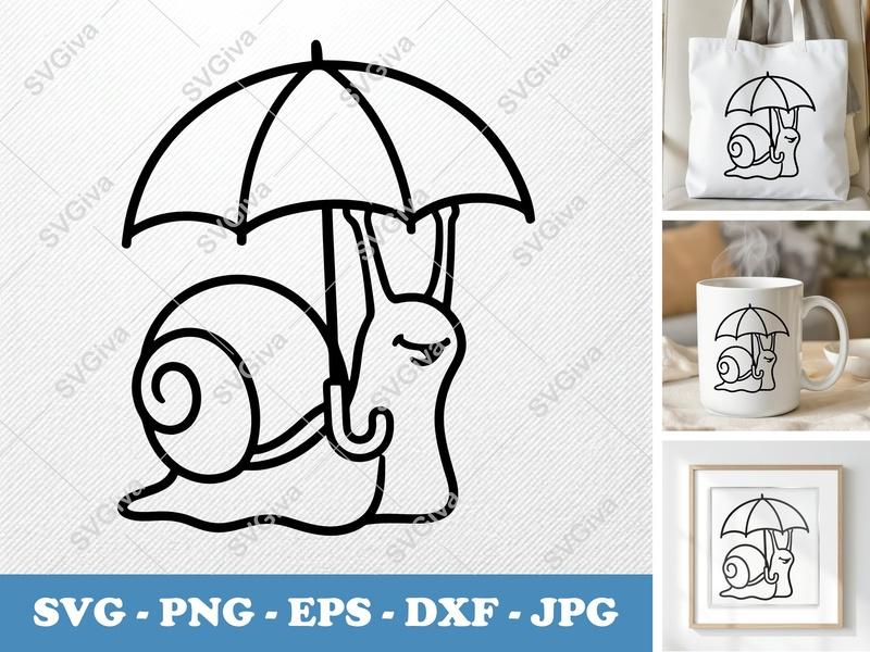 Snail SVG, Cute Umbrella Snail Cut File, Modern Snail Clipart | PNG EPS DXF for Cricut, Silhouette, Digital Download