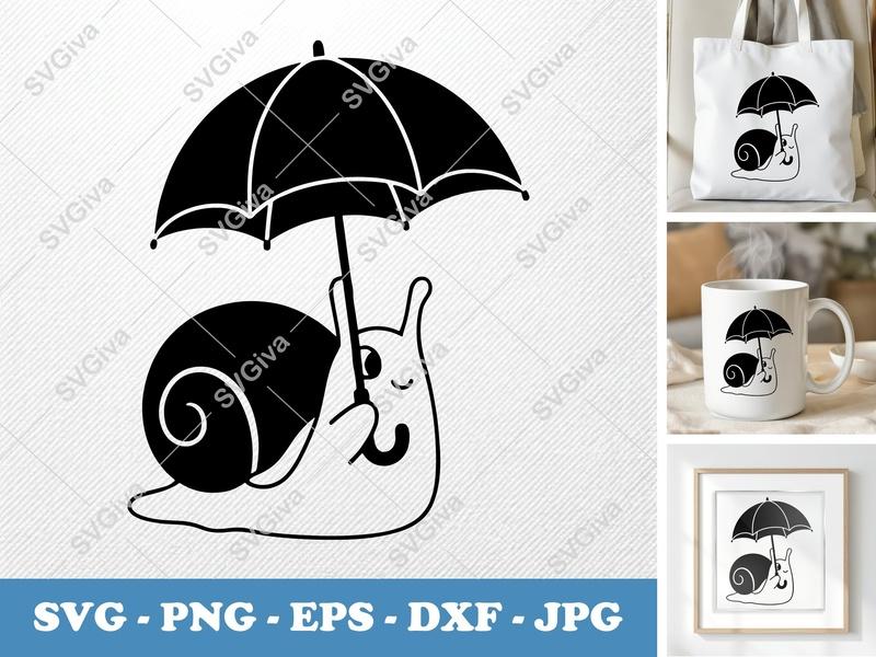 Snail SVG, Cute Umbrella Snail PNG EPS DXF, Happy Snail Clipart for Cricut, Silhouette, Modern Vector