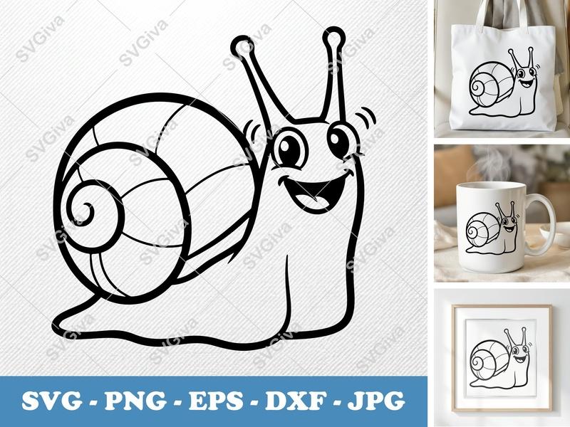 Snail SVG, Happy Cartoon Snail Cut File, Outline Clipart, PNG, EPS, DXF for Cricut & Silhouette, Snail Vector