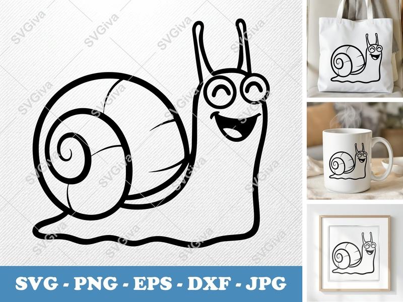 Snail SVG, Happy Cartoon Snail PNG EPS DXF, Modern Smiling Animal Cut File for Cricut, Silhouette