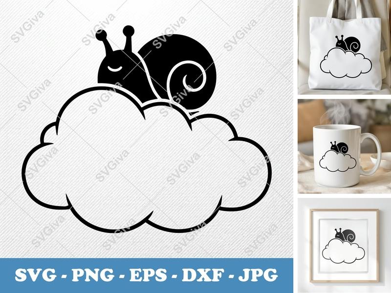 Snail SVG, Modern Clean Snail on Cloud Cut File, Cute Animal Vector PNG EPS DXF for Cricut & Silhouette, Baby Nursery Clipart