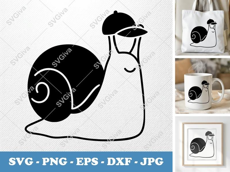 Snail SVG, Modern Clean Snail with Baseball Cap, Comic Animal Clipart, Cricut Silhouette Cut File, PNG, EPS, DXF Gift