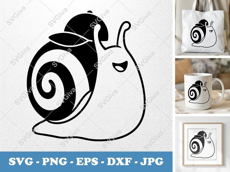 Snail SVG, Modern Clean Snail with Hat Cut File, PNG EPS DXF for Cricut, Silhouette, Vector Clipart