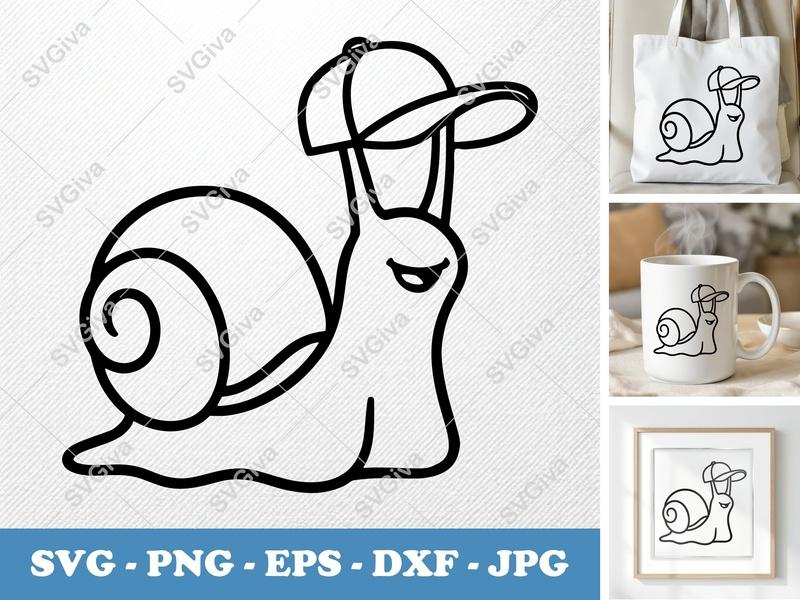 Snail SVG, Modern Snail with Baseball Cap, Outline Clipart, PNG EPS DXF for Cricut, Silhouette, Vector Cut File