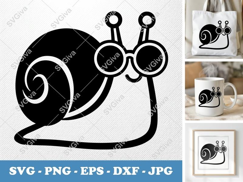 Snail SVG, Modern Snail with Glasses, PNG EPS DXF, Cricut Silhouette Cut File, Cute Animal Vector Clipart