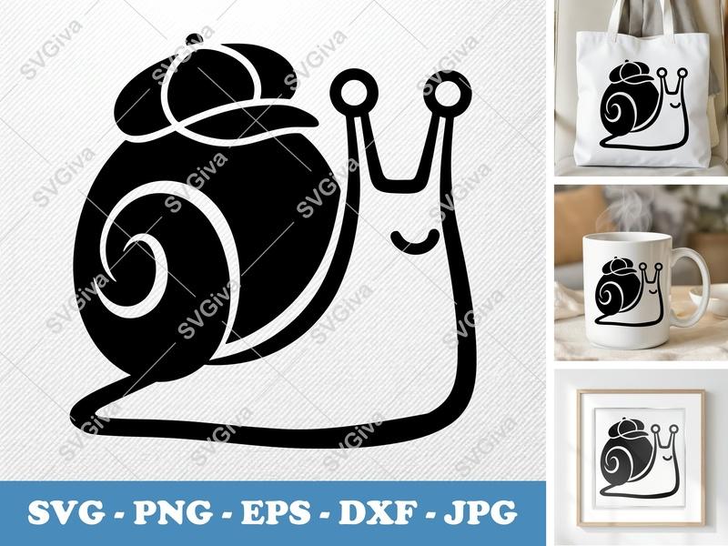 Snail SVG, Modern Snail with Hat Cut File | PNG EPS DXF | Cricut, Silhouette, Vector Clipart for Crafts